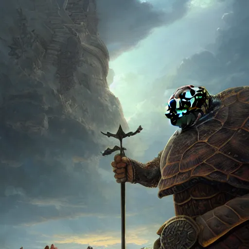 Prompt: a turtle hero raises his long sword high, dramatic light, arctic temple background, clouds, golden hour, high detail, fantasy background, painted by stanley lau, painted by greg rutkowski, painted by stanley artgerm, digital art, trending on artstation