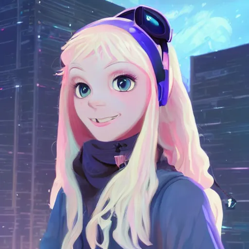 Image similar to a cute 2 0 years old girl with long curly blonde hair, with blue eyes, in a cyberpunk setting, artstation, elegant, highly detailed, digital painting, concept art, smooth, sharp focus, illustration, art by don bluth and michel ocelot and makoto shinkai and tom whalen and atey ghailan and akihiko yoshida