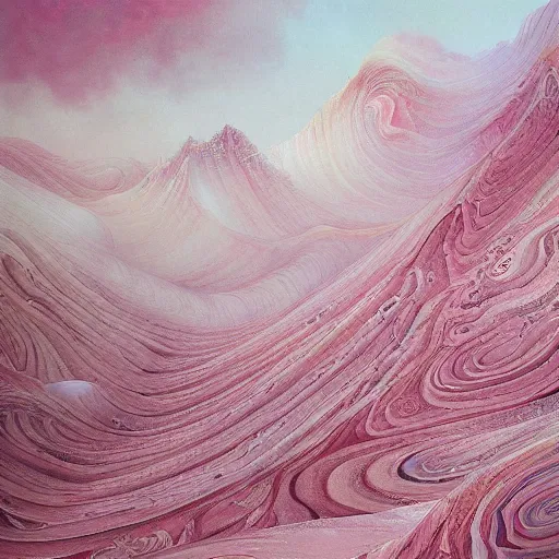 Prompt: a painting of white and pink swirls on a mountain, a detailed painting by hua yan, deviantart, analytical art, detailed painting, oil on canvas, high detail