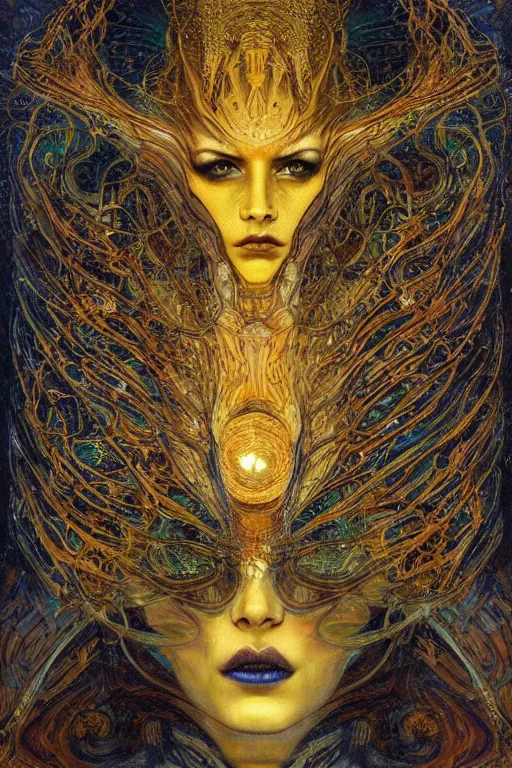 Image similar to Intermittent Chance of Chaos Muse by Karol Bak, Jean Deville, Gustav Klimt, and Vincent Van Gogh, enigma, destiny, fate, unearthly gears, otherworldly, fractal structures, arcane, prophecy, ornate gilded medieval icon, third eye, spirals