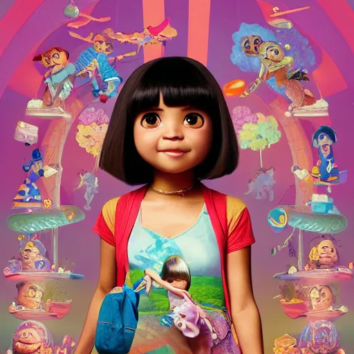 Prompt: portrait of Dora the explorer as real girl in live action movie, in happy pose, detailed, intricate complex background, japanese Pop Surrealism, lowbrow art style, muted pastel colors, soft lighting, 50's looks by Mark Ryden,Yosuke Ueno,mucha, artstation cgsociety