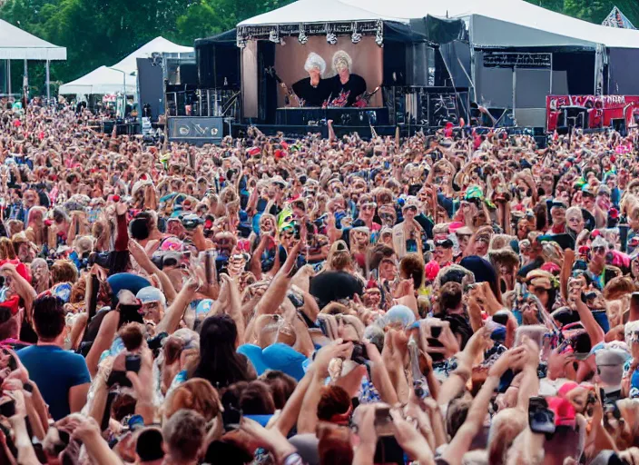 Prompt: photo still of queen elizabeth on stage at vans warped tour!!!!!!!! at age 7 0 years old 7 0 years of age!!!!!!! stage diving into the crowd, 8 k, 8 5 mm f 1. 8, studio lighting, rim light, right side key light