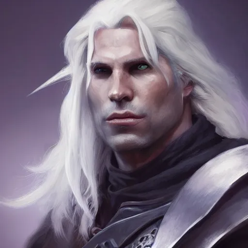 Image similar to realistic portrait of drizzt du orden by r. a. salvatore with thinner face, dark elf with purple eyes and white hair, trending on artstation, low angle oil painting and composition laws, cinematic lighting, hyperdetailed, cgsociety, 8 k