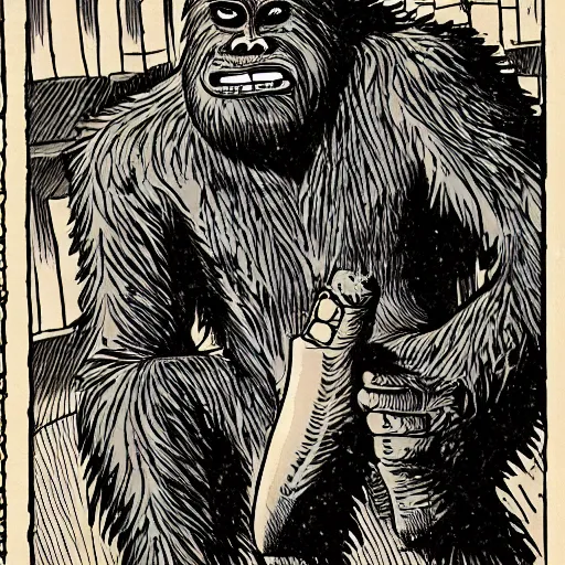 Image similar to bigfoot smoking a cigar, manga panel,