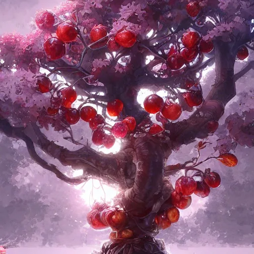 Image similar to tree made of fruits, by stanley artgerm lau, wlop, rossdraws, james jean, andrei riabovitchev, marc simonetti, yoshitaka amano, artstation, cgsociety