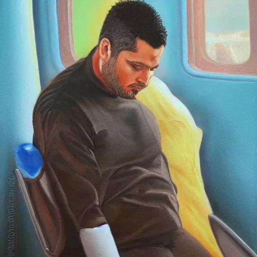 Prompt: a latino man with olive skin and short black hair, getting ready to go on a futuristic journey, oil painting, extremely detailed, masterpiece artwork