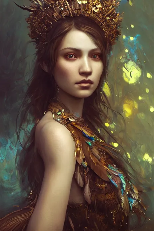 Prompt: face closeup of beautiful girl in intricate detailed oilpaint, feather headpiece, 3 d render, hyper realistic detailed portrait, fyling feathers, ruan jia, wlop. scifi, fantasy, hyper detailed, octane render, concept art, by peter mohrbacher, by gustav klimt, by wlop, by ruan jia