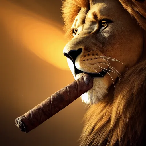 Image similar to a lion smoking a cigar, dramatic lighting, cinematic, establishing shot, extremely high detail, foto realistic, cinematic lighting, post processed, concept art, high details, cinematic, 8k resolution, beautiful detailed, photorealistic, digital painting, artstation, concept art, smooth, sharp focus, artstation trending, octane render, unreal engine