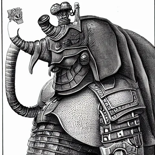 Prompt: elephantine armored knight, anthropomorphic humanoid, elephant head, dungeons and dragons manual illustration, al - qadim