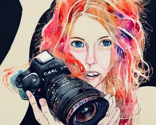 Prompt: pale young woman with bright blonde hair, freckles, bright eyes and a wide face, flowery dress, she is holding a professional dslr camera close to her face with her hands, expressive, emotional watercolor art by conrad roset