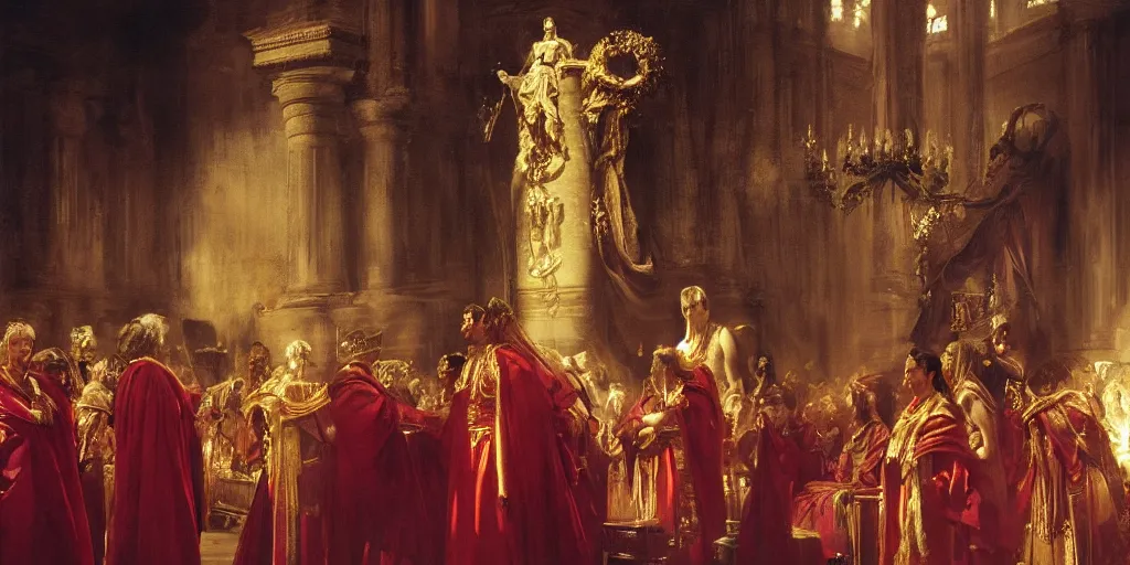 Prompt: beautiful oil matte portrait painting, steve buscemi in royal crimson robes enthroned as the god emperor of ancient rome surrounded by servants in gilded halls a golden wreath upon his head, by anders zorn, wonderful masterpiece by greg rutkowski, beautiful cinematic light, american romanticism, by thomas lawrence, greg rutkowski