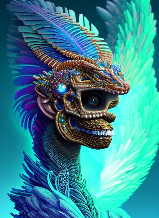 Image similar to 3 d goddess portrait, micro details global illumiantion beautiful intricate highly detailed quetzalcoatl skull and feathers. bioluminescent, plasma, lava, ice, water, wind, creature, thunderstorm! artwork by tooth wu and wlop and beeple and greg rutkowski, 8 k trending on artstation,