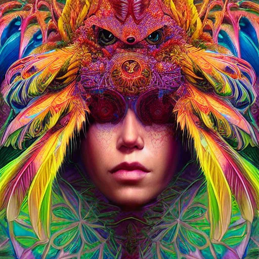 Image similar to A reality bending psychedelic ayahuasca experience, colorful, distorted, surreal, tropical bird feathers, dramatic lighting on the face, intricate, elegant, highly detailed, fire flies, digital painting, concept art, smooth, sharp focus, illustration, art by Krenz Cushart and Wayne Barlowe and alphonse mucha