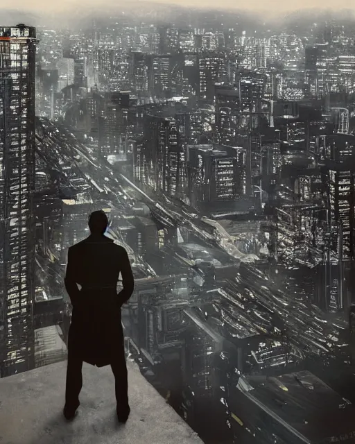 Image similar to a night rooftop scene, close up shot of a photorealistic gangster wearing a trench coat looking at the city below, unreal engine, hyper realism, realistic shading, cinematic composition, realistic render