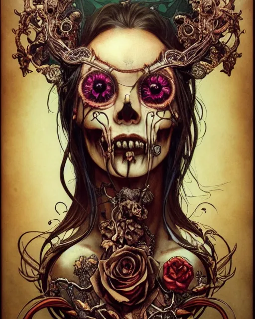 Image similar to perfectly centered portrait front view of a angry dead rotten beautiful female skull growing ornamentation all around, ornate, ornaments, detailed, symmetrical, elegant, beautifully soft lit, by wayne barlowe, peter mohrbacher, kelly mckernan, alphonse mucha