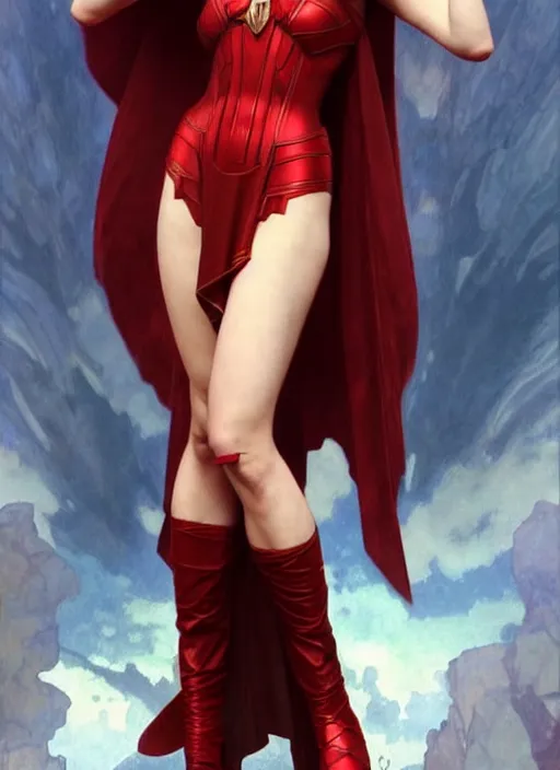 Image similar to Scarlet Witch as Lucifer morningstar Au Naturel, full body, hyper realistic, trending on artstation, art by Alphonse Mucha and J. C. Leyendecker and Edmund Bliar Leighton and Charlie Bowater, unreal engine render, octane render