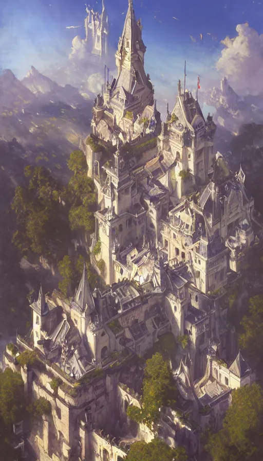 Image similar to castle seen from the sky, cyberpunk, design on white background, beautiful details, lush foliage, drawn by john singer sargent, tom bagshaw, norman rockwell, alphonso mucha, lolish, trending on artstation