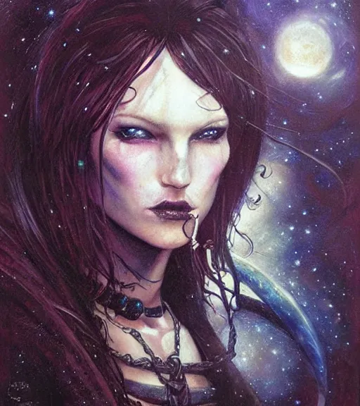 Image similar to portrait of female space pirate, night sky background, beautiful! coherent! by brom, by brian froud, deep color, strong line, high contrast