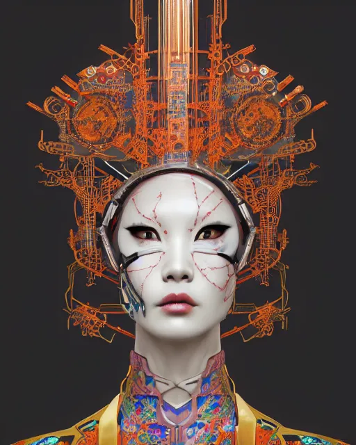 Image similar to portrait of a cyberpunk machine, machine face, upper half portrait, decorated with chinese opera motifs, asian, fine china, traditional chinese art, intricate, elegant, highly detailed, symmetry, headpiece, digital painting, artstation, concept art, smooth, sharp focus, illustration, art by artgerm and greg rutkowski and alphonse mucha, 8 k