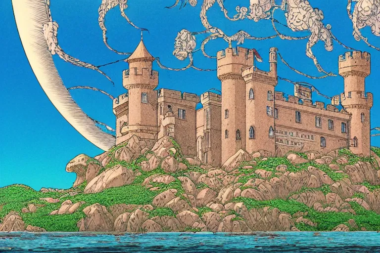 Image similar to establishing shot of a late renaissance castle on an island, key visual with intricate linework, in the style of moebius, ayami kojima, 9 0's anime, retro fantasy, studio ghibli