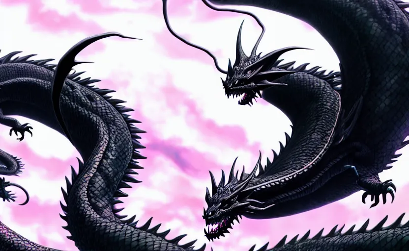 Image similar to a pastel color black dragon, with a dreamy background. extremely intricate and detailed, junji ito, uzumaki, manga, anime, adrian ghenie, and james jean. 8 k cinematic lighting, hyper realism