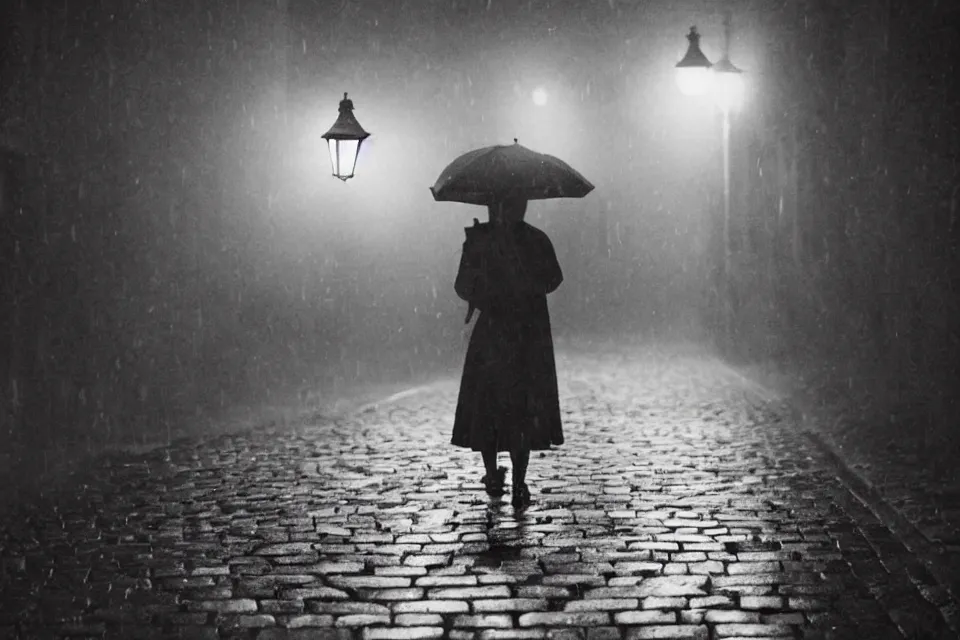 Prompt: wet plate, fumiko kaneko strolls along cobblestone street in tokyo, night time, alone, lamplight, victorian era, depth of field, very detailed, fog, highly accurate, intricate