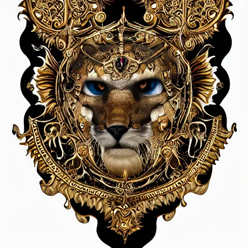 Image similar to photo portrait portrait of femine puma with skull pendant, wolf skull pedant, golden fur, symmetric, intricate skeletal decorations on ornate silks, symmetry, highly detailed, concept art, ornaments, black, red, white, gold layers, super moon, style of nekroxiii, hyperrealistic