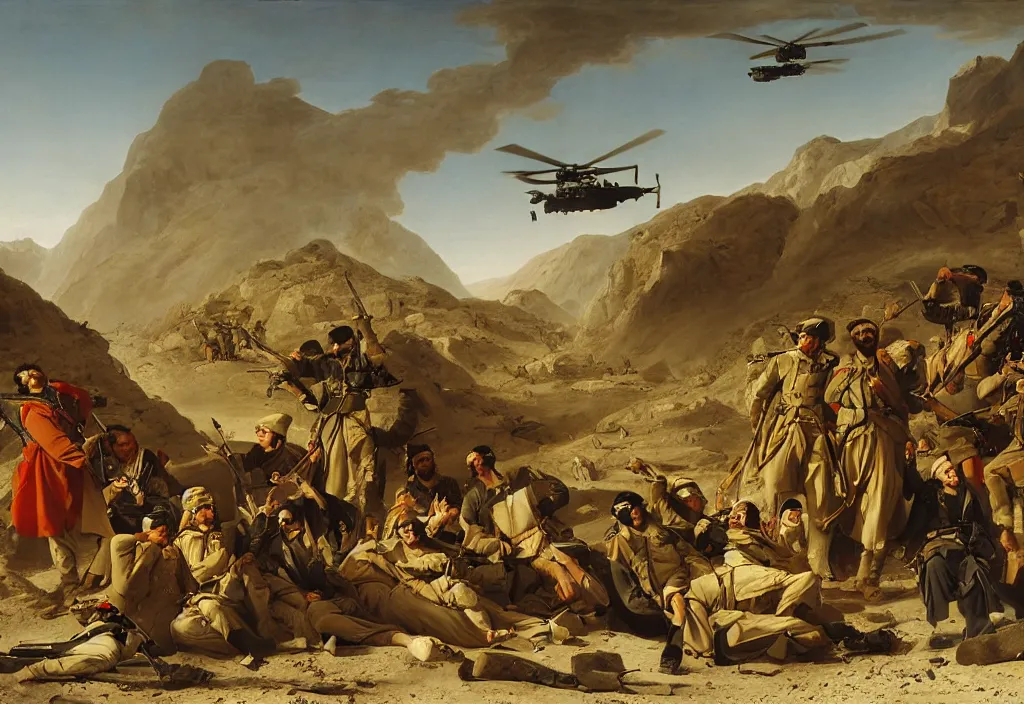 Image similar to afghanistan war portrait by jacques - louis david, desert, us army, battlefield, helicopters firing, bombs