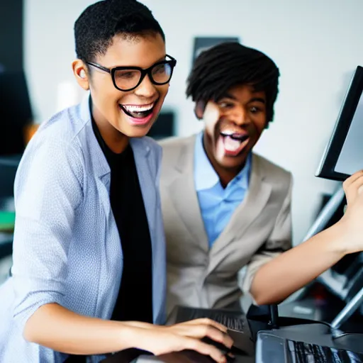 Image similar to young office workers playing around computers and laughing comic