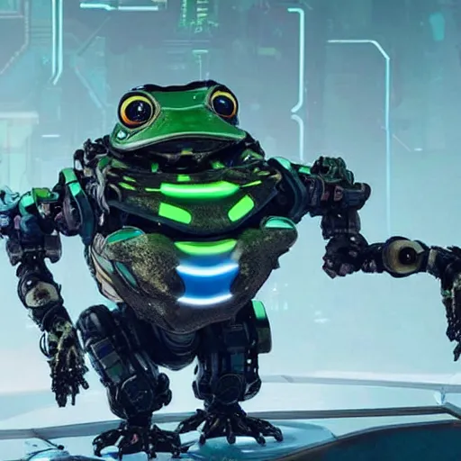 Image similar to a cybernetic robot frog from the game Horizon Zero Dawn. It is standing on all four of its legs.