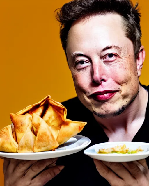 Image similar to a portrait of elon musk sitting at the dining table with a plate containing samosa in front of him, highly detailed, trending on artstation, bokeh, 9 0 mm, f / 1. 4