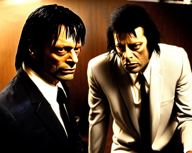 Image similar to detailed Mads Mikkelsen as Vincent Vega in Pulp Fiction with his partner Jules Winnfield, movie scene