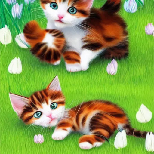 Prompt: two cute calico kittens playing together outside on a beautiful spring day in the grass, sunshine, butterfly flying around, children's storybook art, featured on artstation, cgsociety, behance hd