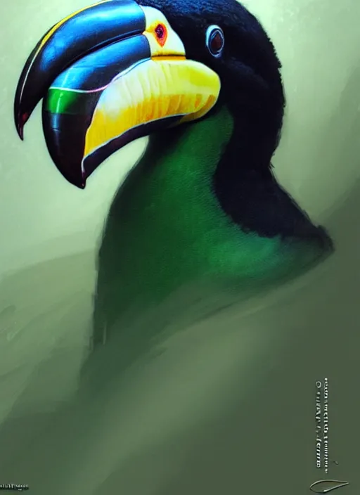 Prompt: close up portrait of large anthropomorphized toucan by artgerm, cushart krenz, greg rutkowski, mucha. art nouveau. gloomhaven, swirly liquid ripples, green tones, vibrant colors, sharp edges. ultra clear detailed. 8 k. elegant, intricate, octane render