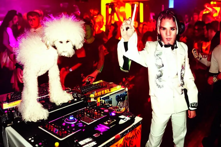 Prompt: humanoid white cockapoo dj in a nightclub. by david lachapelle