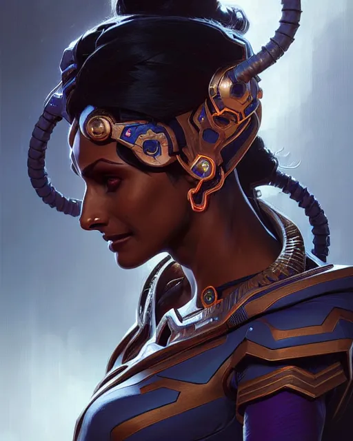 Image similar to symmetra from overwatch, character portrait, close up, concept art, intricate details, highly detailed by greg rutkowski, michael whelan and gustave dore