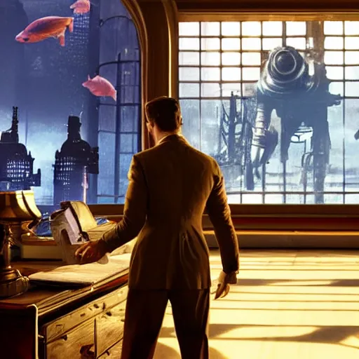 Image similar to a highly detailed cinematic photo from a live - action bioshock movie. andrew ryan, portrayed by ryan gosling, is shown standing in a 1 9 3 0's office with a large desk in front of a floor - to - ceiling window looking out onto the underwater city of rapture shining in the distance, several fish are shown outside of the window