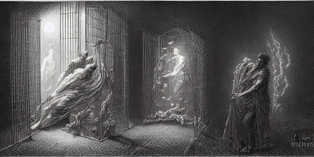 Image similar to a man trapped in a cage, interdimensional forcefield, aura, fear, detailed painting by painting by by gene wolfe, by gustave dore