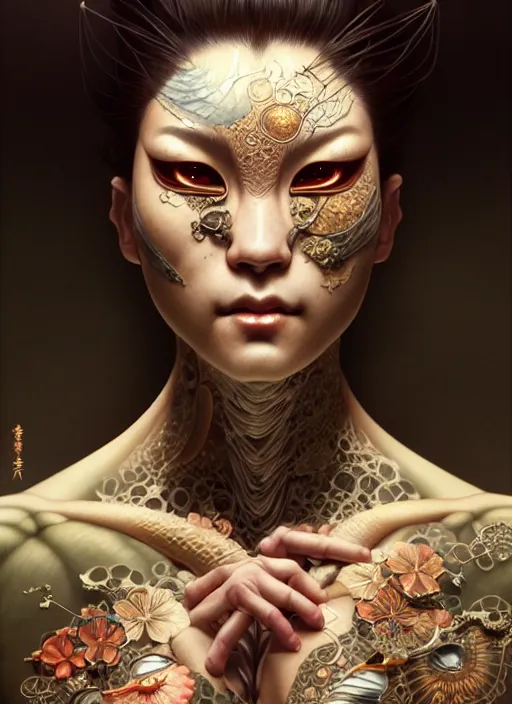 Prompt: organic Japanese Yakuza cyborg, diffuse lighting, fantasy, intricate, elegant, highly detailed, lifelike, photorealistic, digital painting, artstation, illustration, concept art, smooth, sharp focus, art by John Collier and Albert Aublet and Krenz Cushart and Artem Demura and Alphonse Mucha