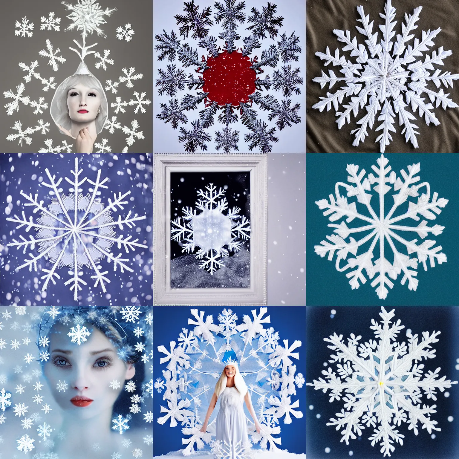 Prompt: surreal photography silk snowflake with embroidered snow queen face