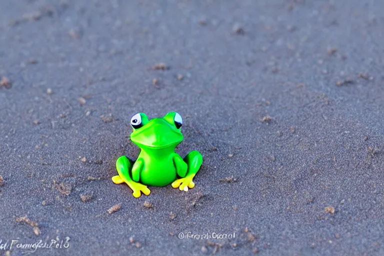 Image similar to fisher price frog on the beach, california, in 2 0 1 5, perfect focus, scene from tv show hyper detailed 5 5 mm 8 5 mm, toy photography, made out of plastic