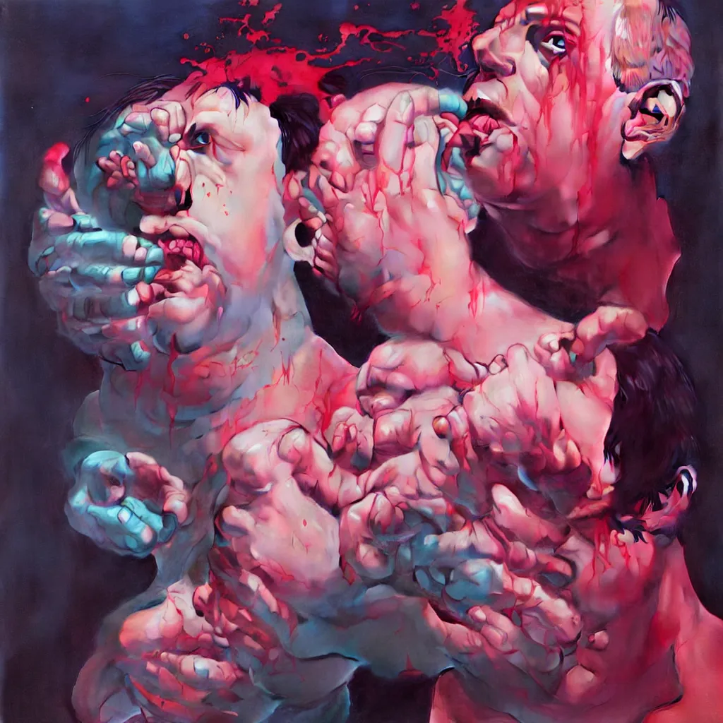 Image similar to weird and disturbing portrait of todd solondz puking blood, todd solondz, vivid colors, neon, art by ( ( ( kuvshinov ilya ) ) ) and wayne barlowe and francis bacon and artgerm and wlop and william - adolphe bouguereau