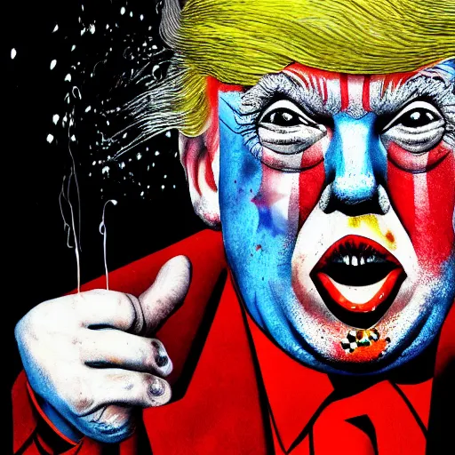 Image similar to Donald Trump clown, Ralph steadman, psychedelic, ink splatter, detailed, 4k