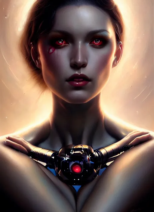 Image similar to a beautiful woman with cybernetic muscles, painted by artgerm and tom bagshaw, fantasy art, dramatic lighting, highly detailed oil painting