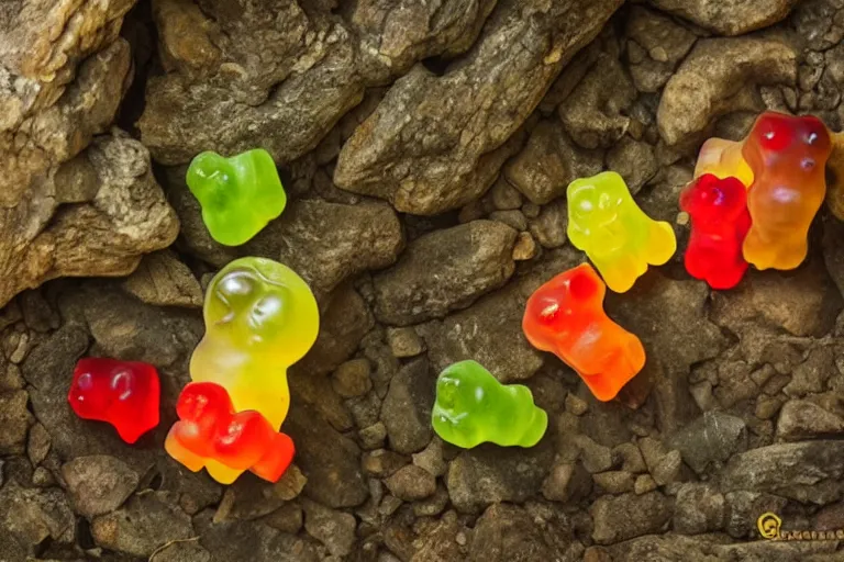 Image similar to wild gummy bears, nature photography, national geographic, cinematic lighting