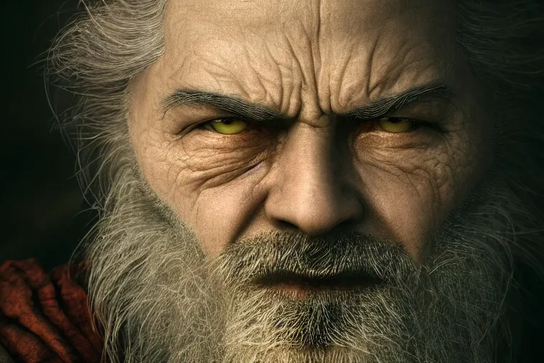 Image similar to an ultra realistic cinematic close up headshot portrait of an evil wizard, background of a vast serene landscape with trees and rivers, detailed, deep focus, movie still, dramatic lighting, ray tracing, by michal karcz and yoshitaka amano