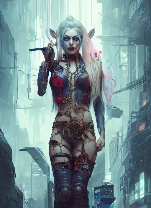 Image similar to a beautiful illustration of cyberpunk elven harley quinn, intricate, sharp focus, illustration, highly detailed, digital painting, concept art, matte, art by wlop and artgerm and greg rutkowski and alphonse mucha, masterpiece