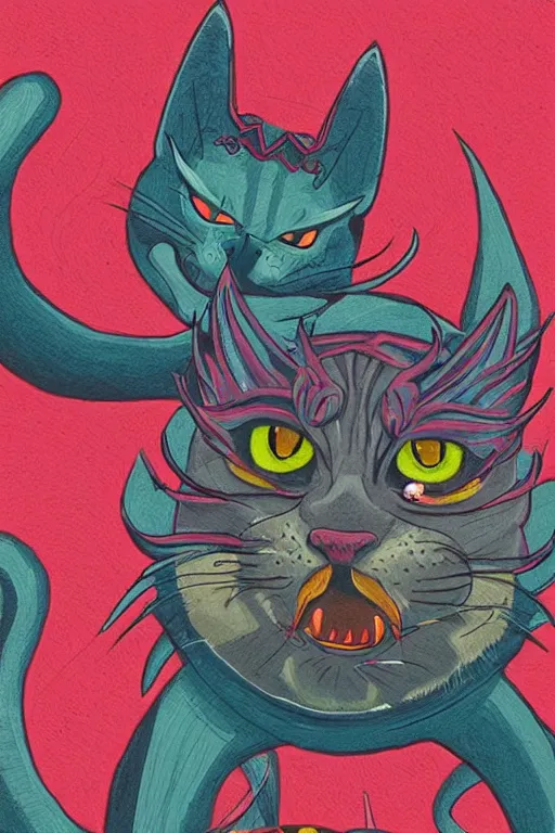 Image similar to demon cat, art by brian miller, colorful, illustration, highly detailed, simple, no jagged lines, smooth