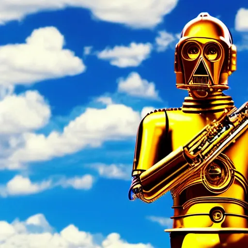 Image similar to entire body portrait of Simpson as C3PO in star wars, background blue sky puffy clouds cinematic 4k