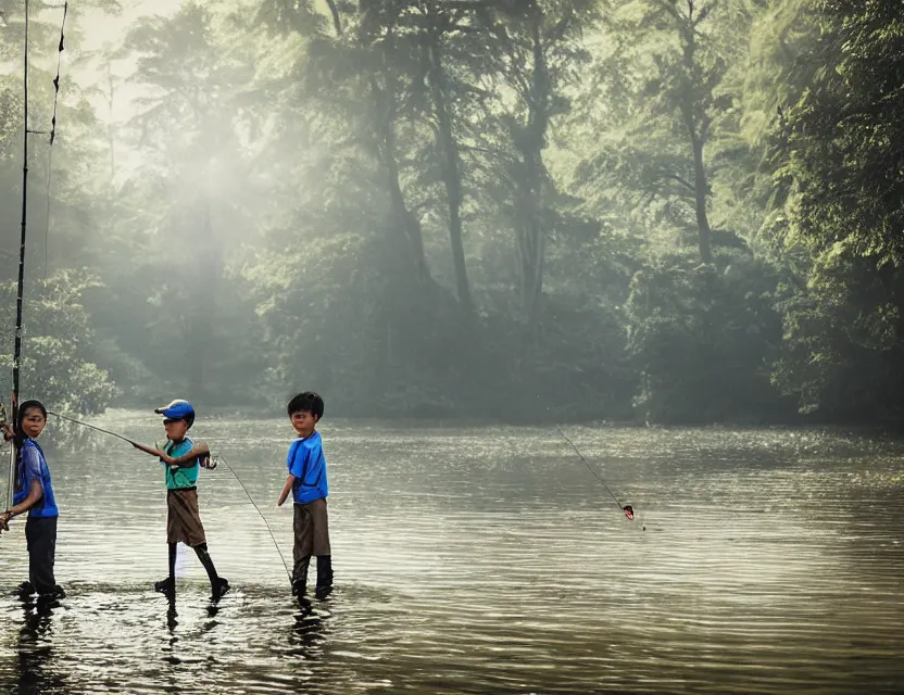 Prompt: kids fishing on a pond in the forest, ring light, smoky background, detailed, super realistic photography, sasin tipchai style